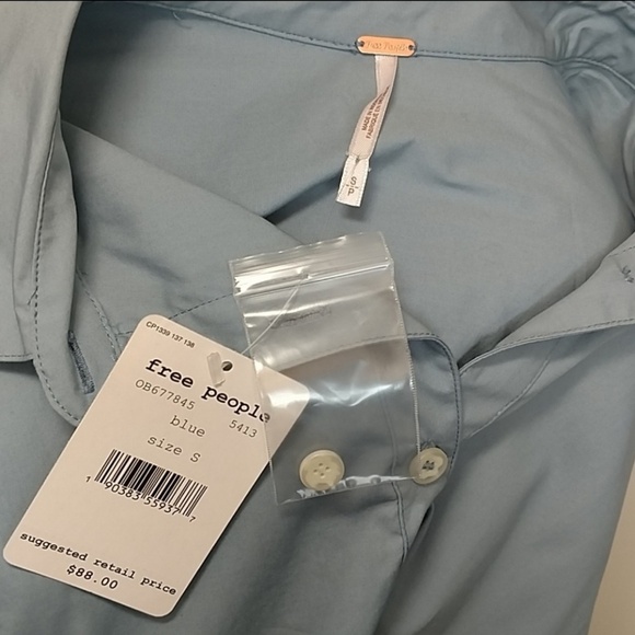 Free People Button Front Long Sleeves Drawstring Cotton Oversized Blue S NWT - Picture 8 of 8